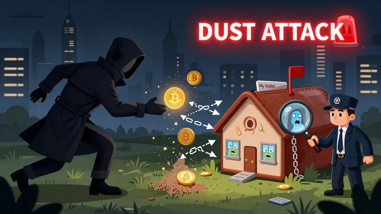 A shadowy figure sending tiny dust particles into a wallet house, with a detective watching.