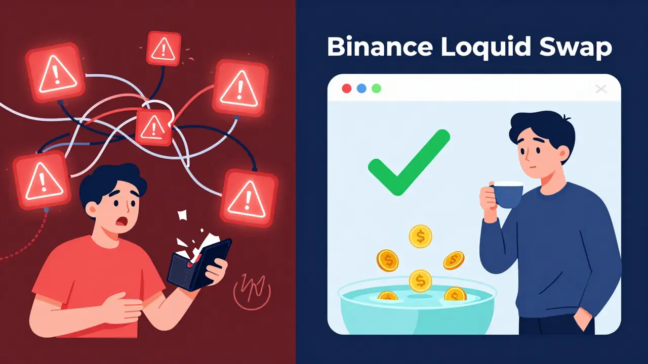 A split scene: chaotic DeFi chaos vs. calm Binance Liquid Swap in UPA illustration style.