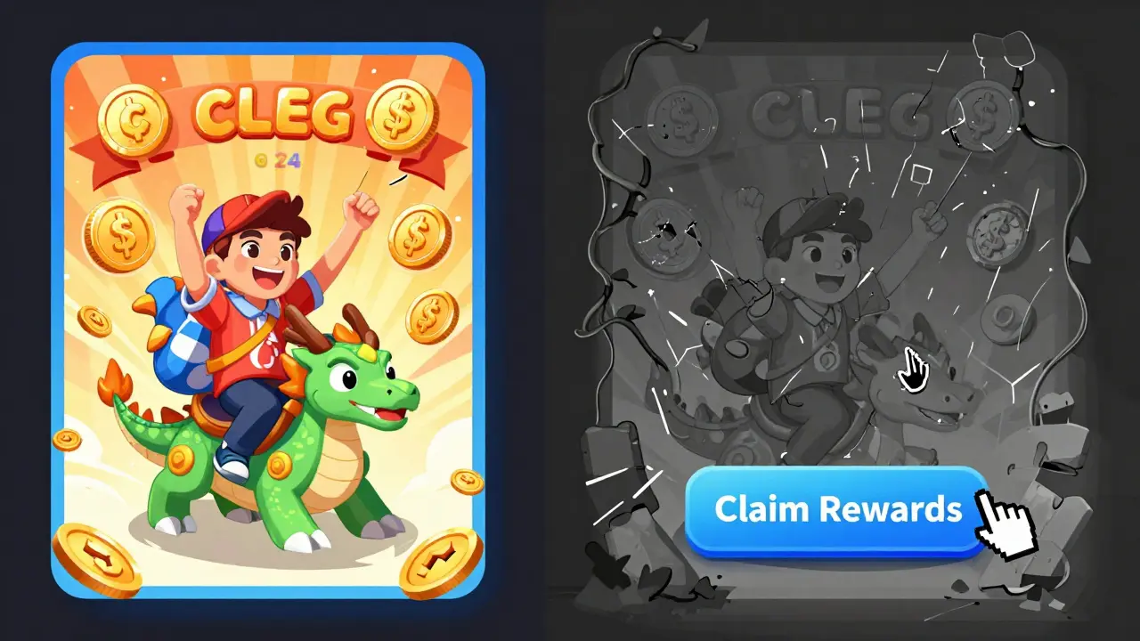 A split scene: vibrant 2024 game promo on one side, decayed ruins on the other, symbolizing CLEG's collapse.