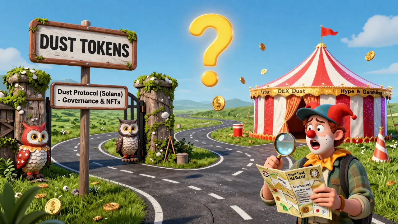 A traveler at a fork in the road choosing between governance and gambling paths for DUST tokens.