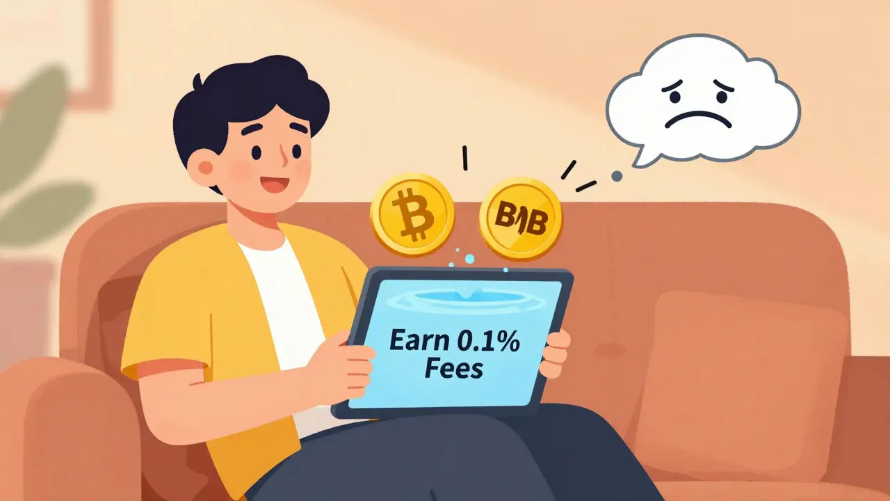 A user adds coins to a liquidity pool on a tablet, with a friendly warning icon nearby.