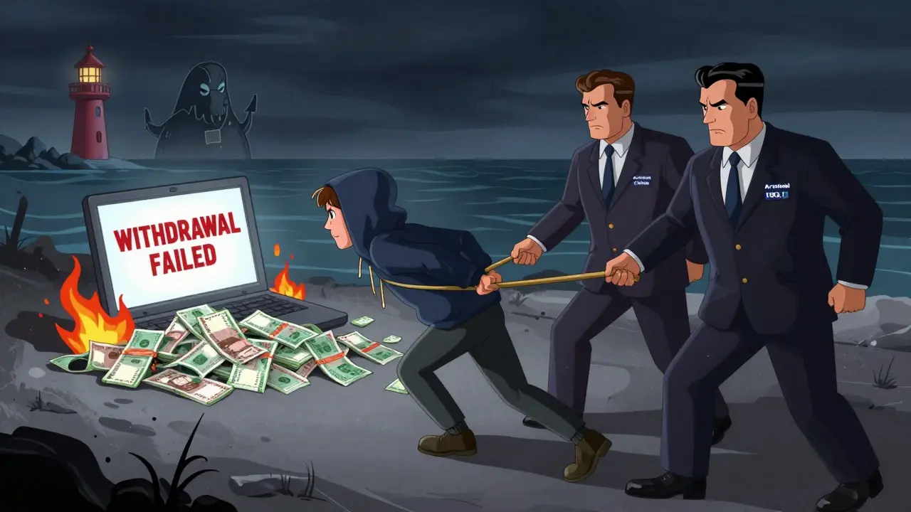 A user being arrested for using an unlicensed crypto platform, money burning behind him.