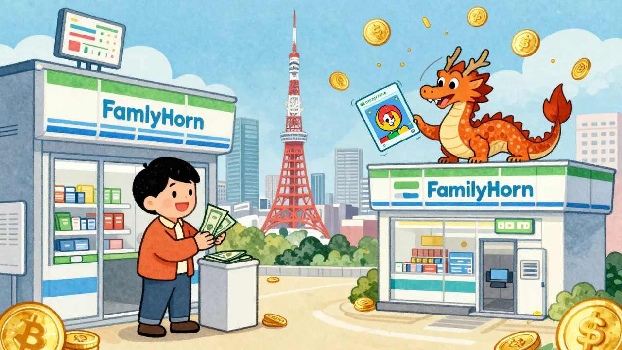 A user depositing cash at a Japanese store while NFTs and crypto rewards float in the air.