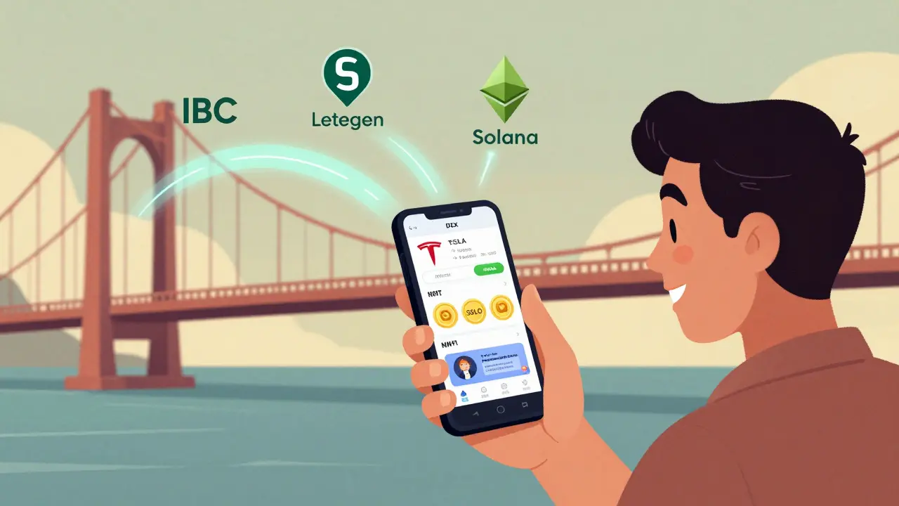 A user holding a phone projecting a decentralized exchange interface with stock and NFT trades, connected to other blockchains by glowing bridges.