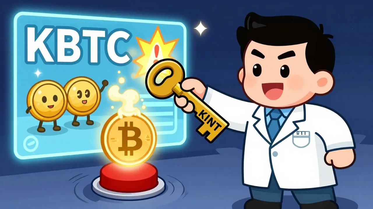 A vault operator transforms Bitcoin into kBTC with a golden puff, KSM tokens nearby.