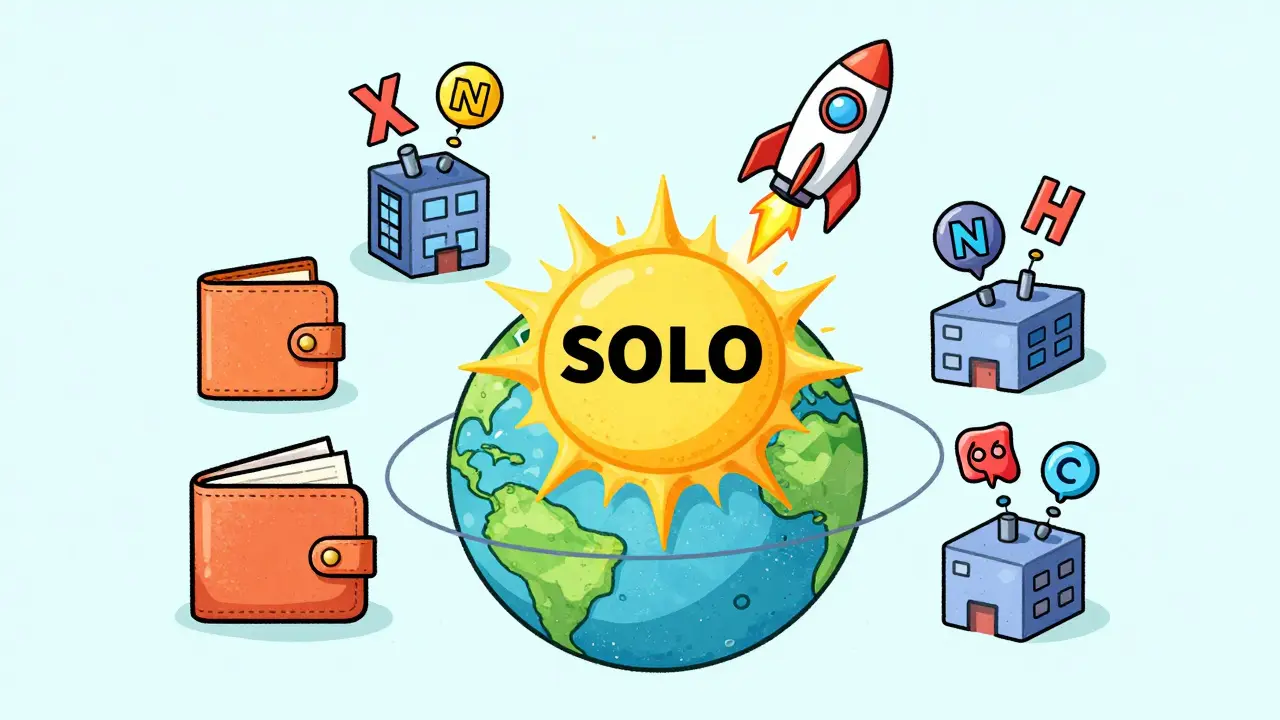 A whimsical planet made of wallets and NFT factories orbiting a SOLO token sun, in classic 1950s cartoon style.