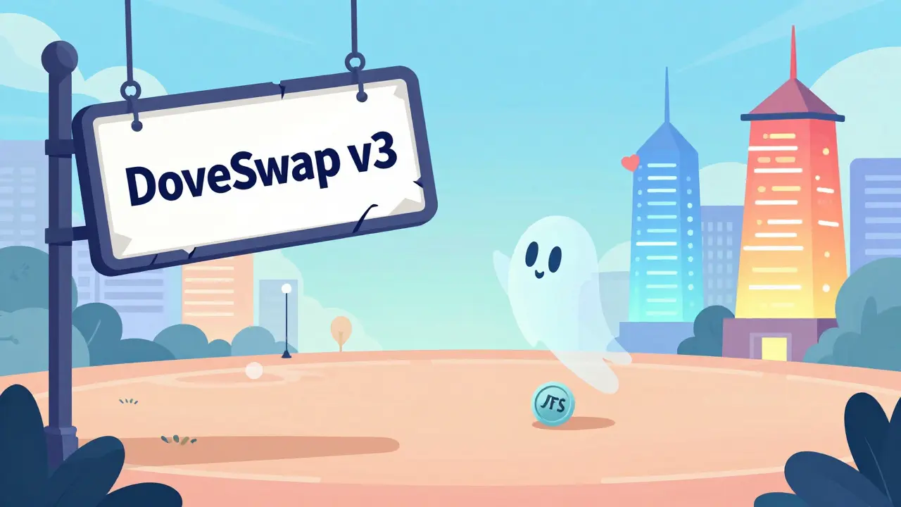 An abandoned DoveSwap v3 sign stands empty as other DEXs shine brightly in the background.