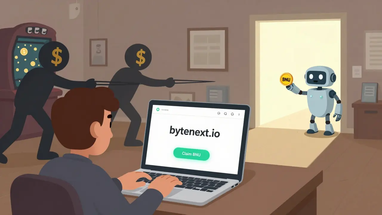 An artist choosing a quiet blockchain path over chaotic crypto gambling, illustrated in UPA cartoon style.