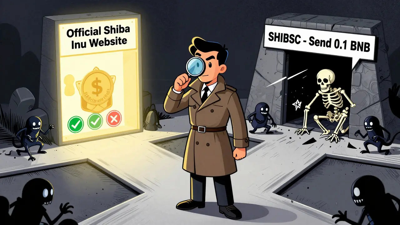 An investor chooses between a safe official path and a trapdoor labeled SHIBSC.