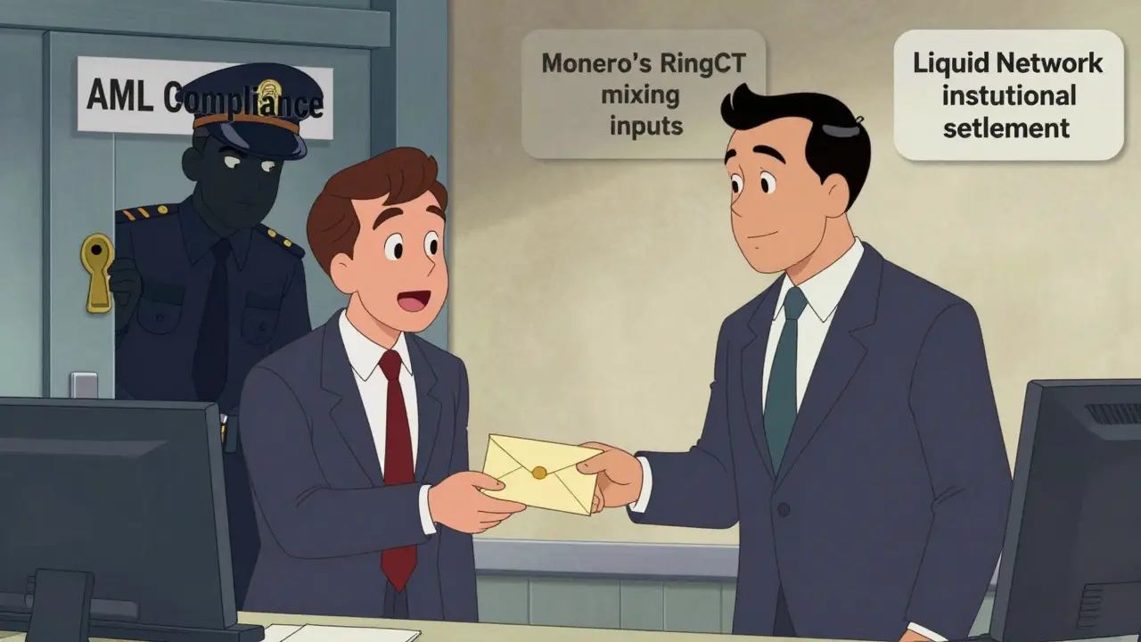 Business transaction with regulator peeking, contrasting Monero and Liquid Network privacy.