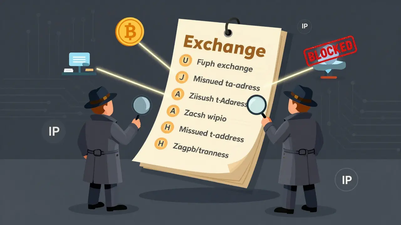 Detectives analyzing blockchain transactions with magnifying glasses over a floating ledger.