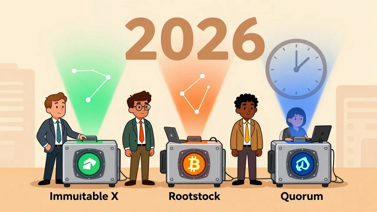 Enterprise team beside three specialized sidechain machines labeled Immutable X, Rootstock, and Quorum.