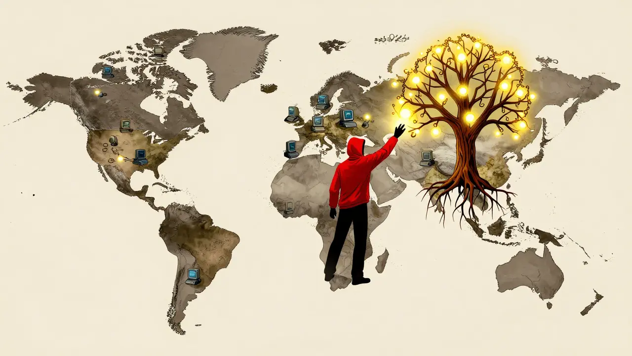 Global network of computers protecting a glowing blockchain tree from a red hacker.