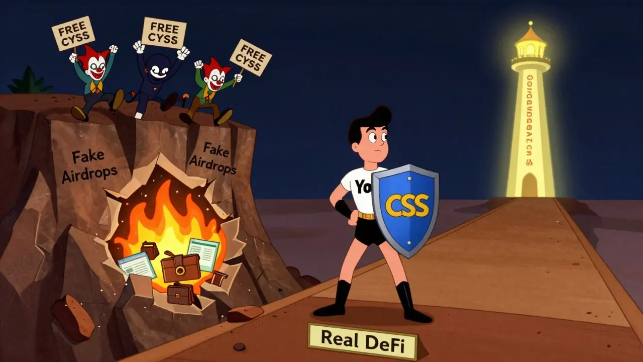 Hero standing on real DeFi bridge as fake airdrop cliff collapses behind, leading to governance tower.