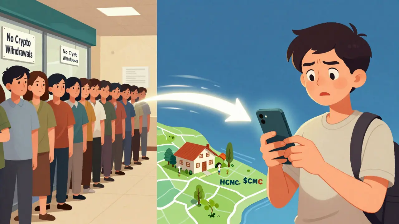 Man sending crypto remittance to family, contrasted with bank line, in stylized cartoon illustration.