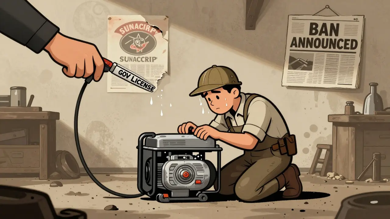 Miner loses power as government shuts down rig in stylized 1950s cartoon scene