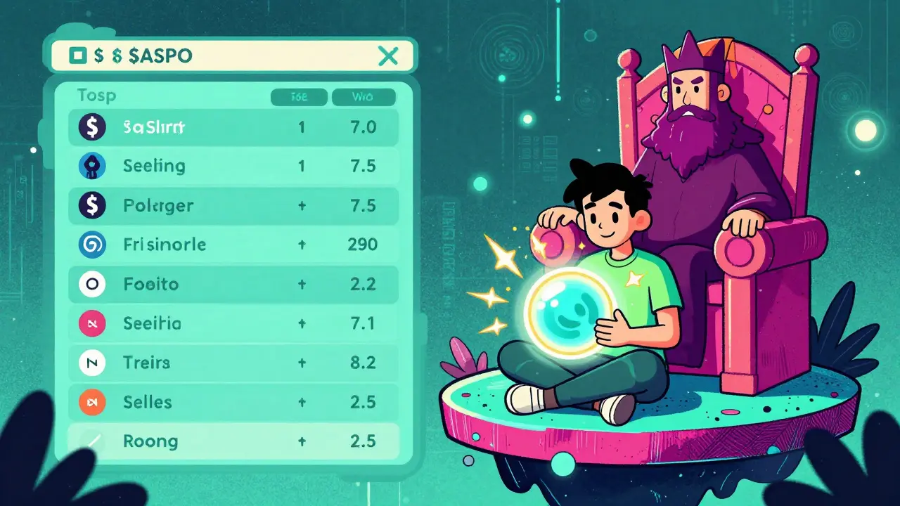 Player staking tokens in a glowing orb, with leaderboard ascending toward a throne in a neon digital realm.