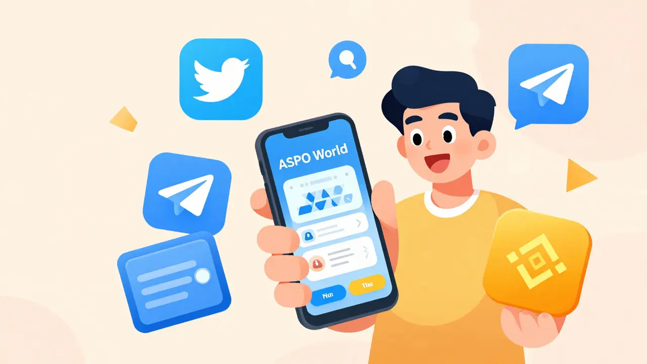 Player using smartphone to join ASPO World airdrop, surrounded by social media and wallet icons in playful cartoon style.