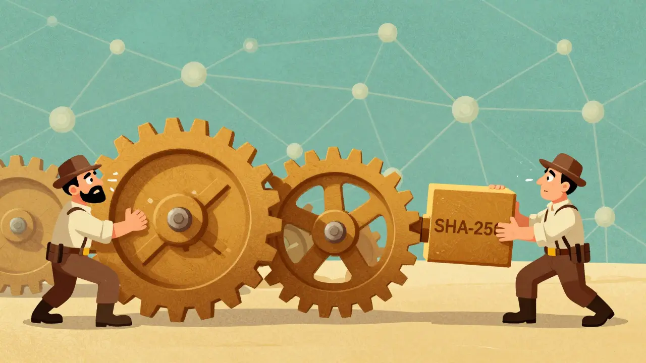 Retro miners wrestling with spinning hash wheels connected in a chain-like clockwork.