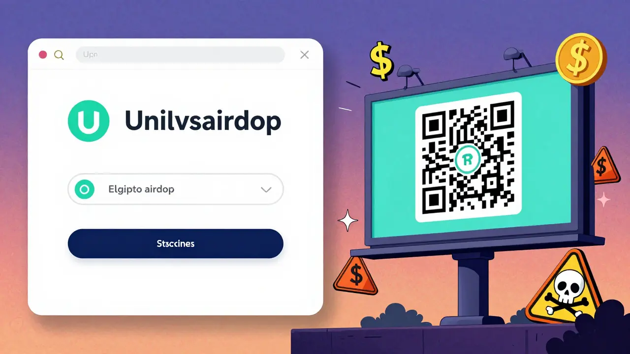Split cartoon scene: legitimate crypto airdrop on one side, fake billboard scam on the other.