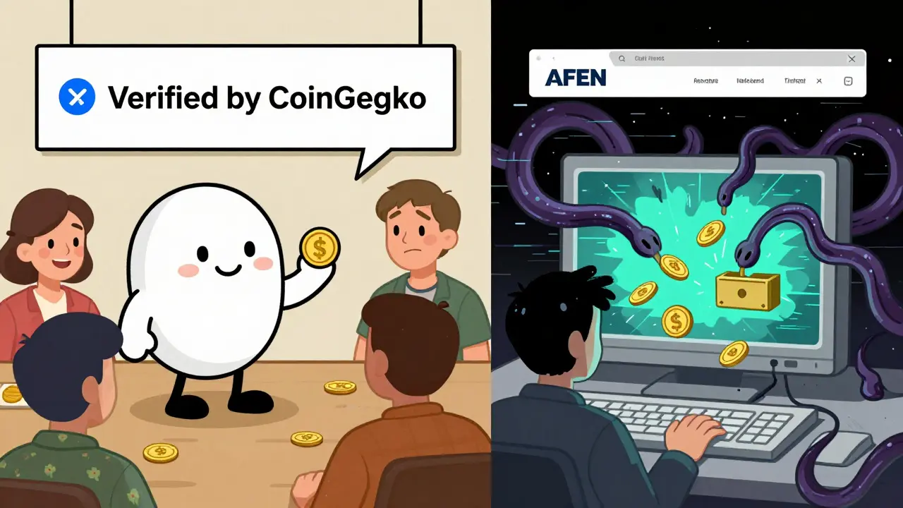 Split scene: legitimate airdrop on left, AFEN scam on right, rendered in classic UPA cartoon style with bold outlines.