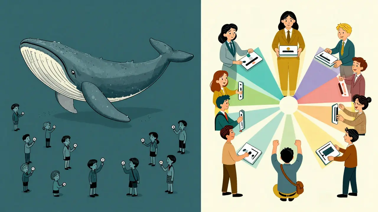 Split-screen comparison: oppressive token vote vs. fair quadratic vote in UPA style
