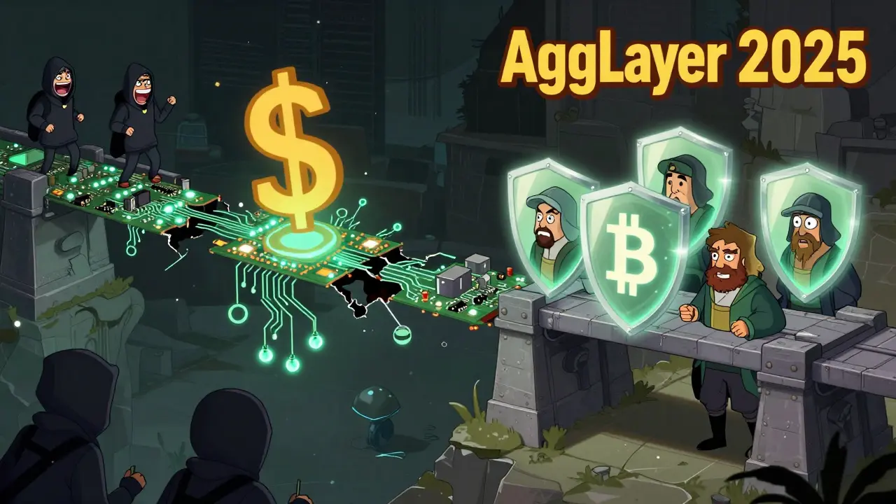 Split-screen: fragile bridge collapsing vs. strong hybrid bridge with fraud-proof shields and Bitcoin miners.