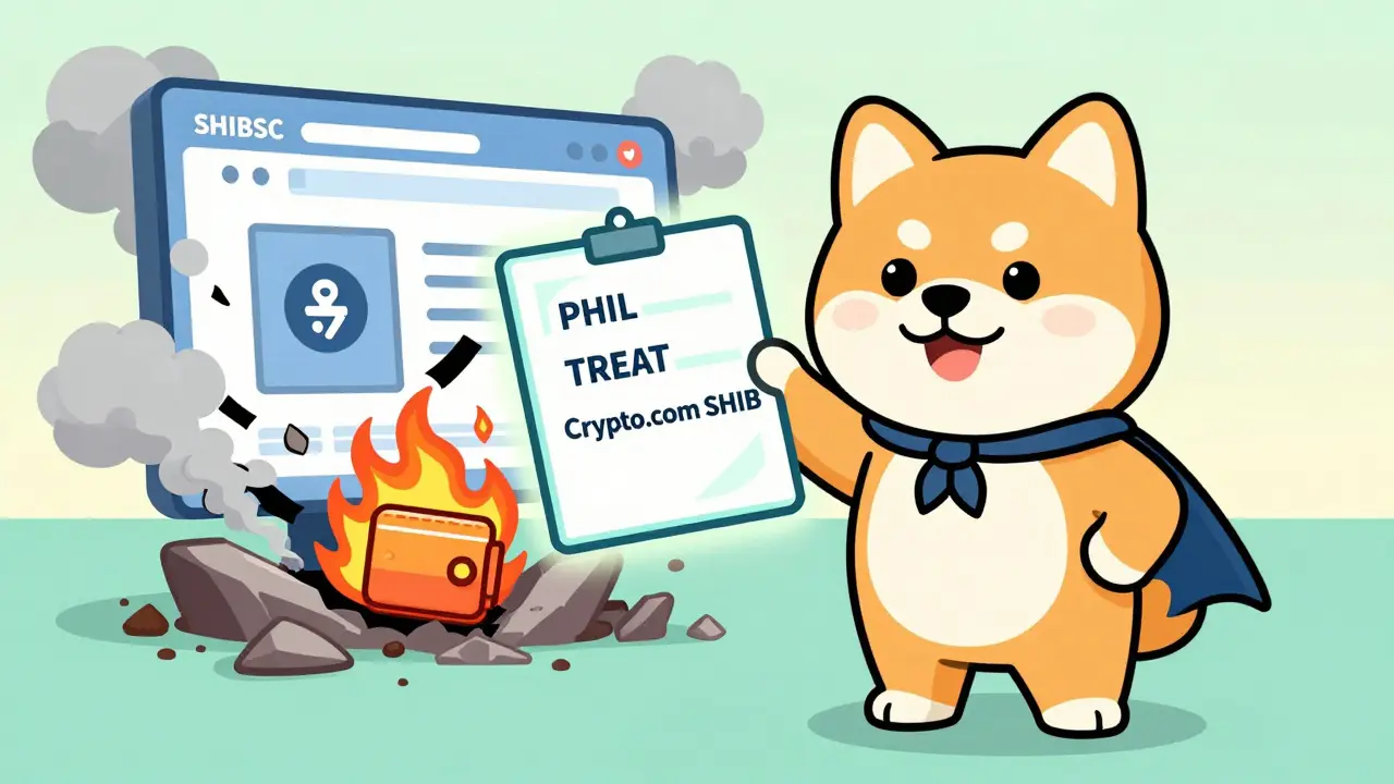 The Shiba Inu mascot stands beside real airdrops as a fake SHIBSC site collapses.