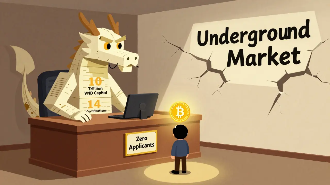 Tiny crypto user facing giant bureaucratic dragon made of paperwork in symbolic courtroom scene.