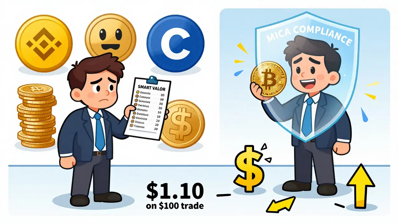 Trader comparing SMART VALOR&#039;s limited coins and high fees to larger exchanges in split-panel cartoon