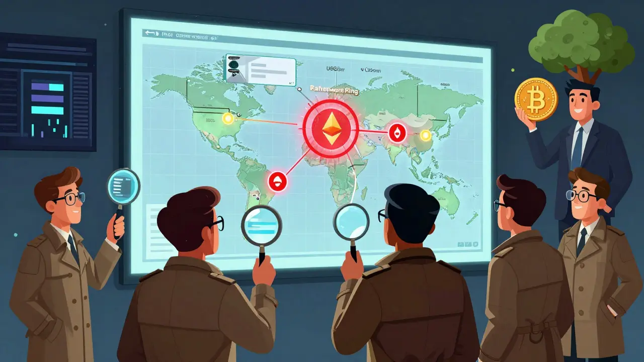 U.S. cyber-agents tracing crypto transactions on a giant animated blockchain map.