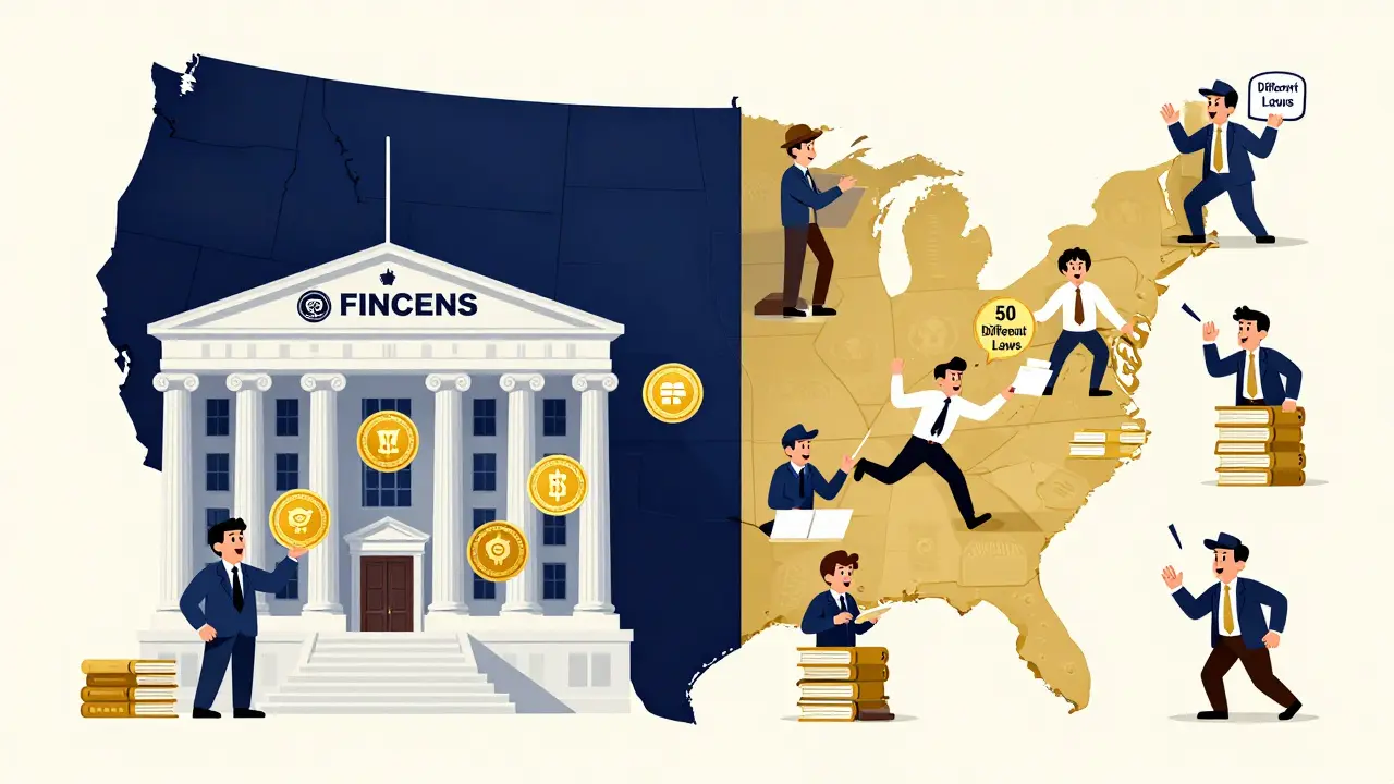 U.S. map divided between federal stablecoin regulators and startups overwhelmed by state laws