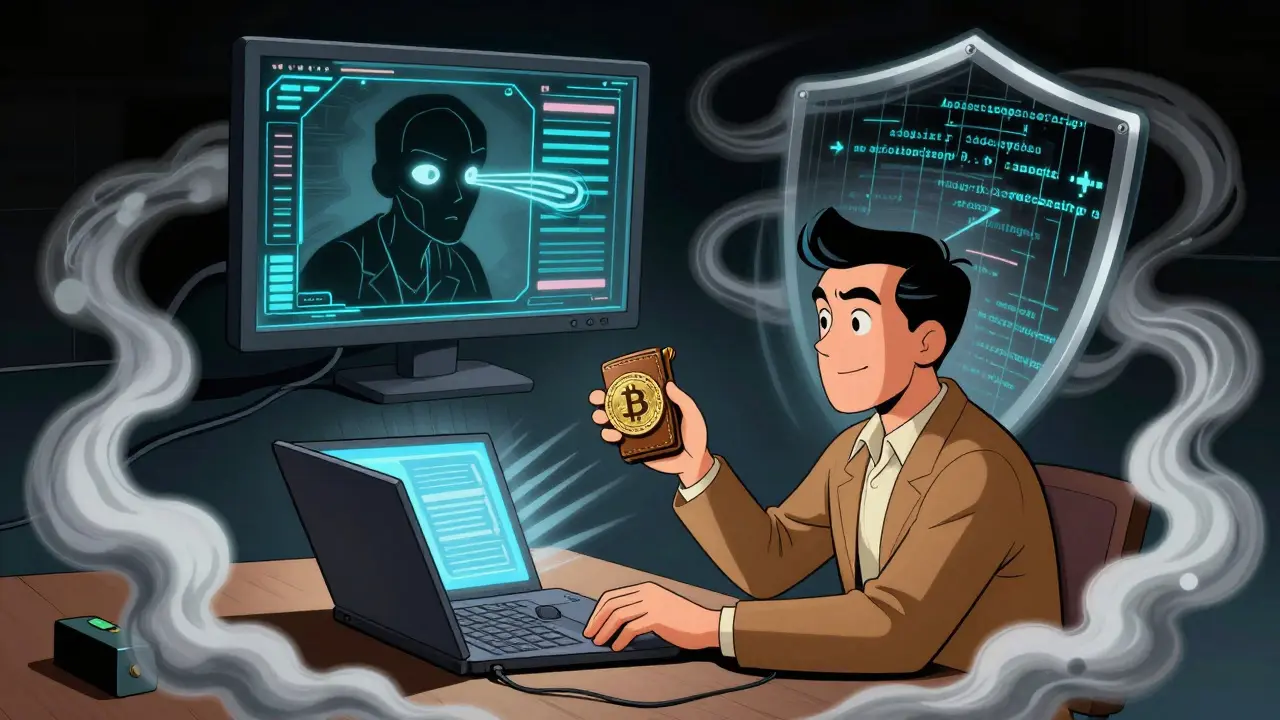 User sending crypto via Tor and hardware wallet, shielded from surveillance AI.