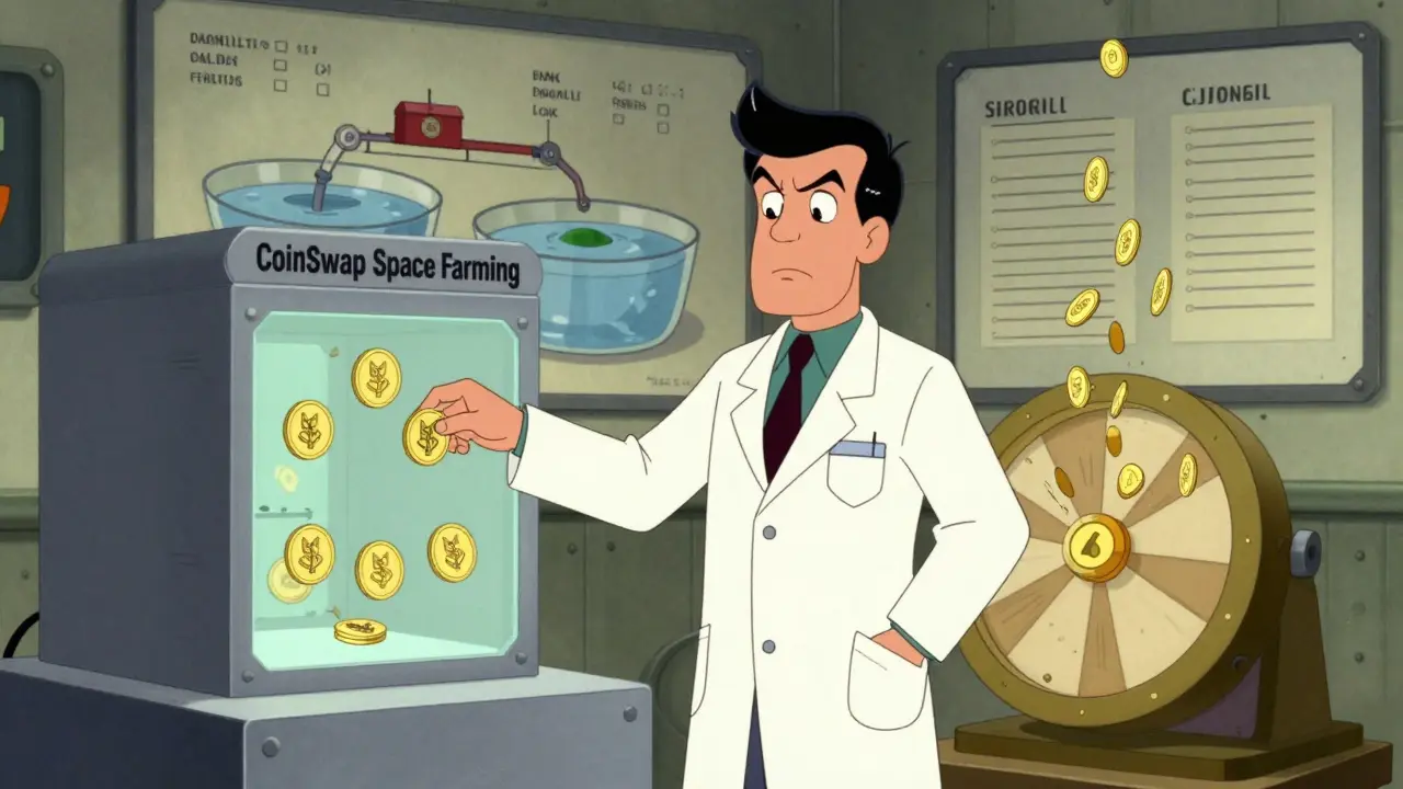 User staking tokens in CoinSwap Space farming system, with CSS rewards flowing from a mechanical console.