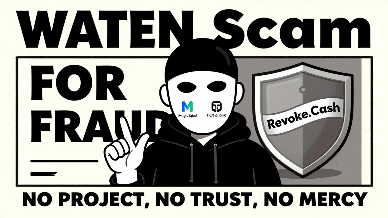 Wanted poster for a faceless AFEN scammer using stolen crypto logos, with a 'Revoke.Cash' shield in the background.