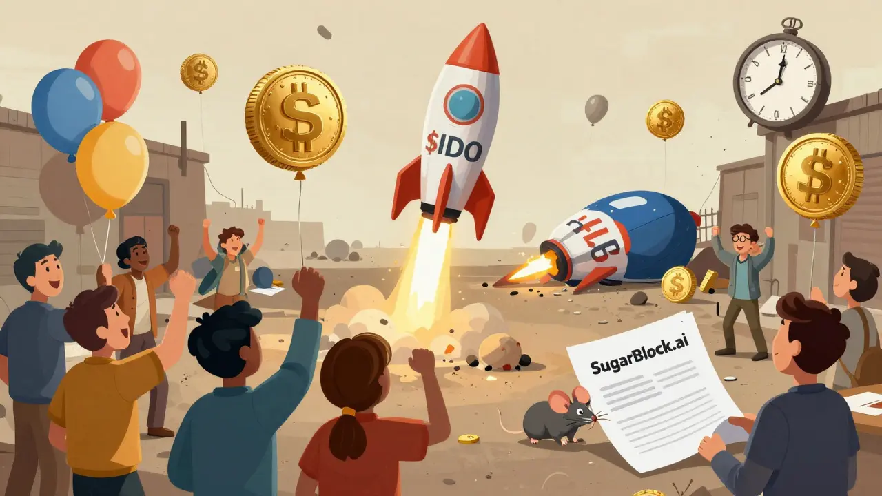 A 2021 crypto party with a rising rocket, now a deflated balloon in a dusty alley beside a chewed whitepaper.