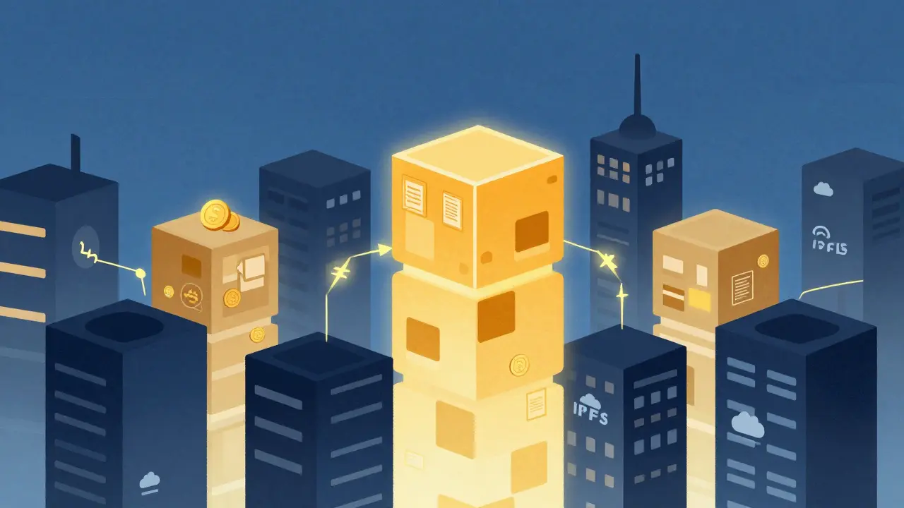 A city of blockchain-shaped buildings, some glowing with on-chain data, others connected by golden hash-lines to off-chain clouds.