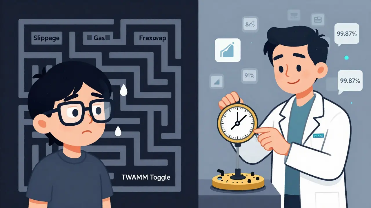 A confused beginner faces a complex Fraxswap interface while an expert calmly manages a precision FRAX stability mechanism in a split-screen scene.
