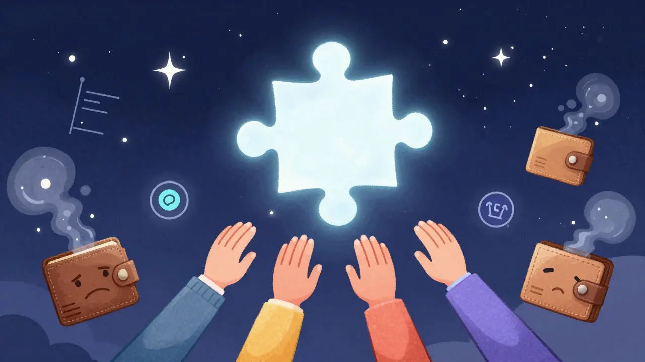 A decentralized exchange floats above struggling centralized exchanges with dissolving tech graphs.