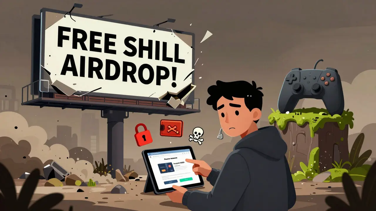 A fake SHILL airdrop billboard collapsing as a player checks the official Project SEED website.