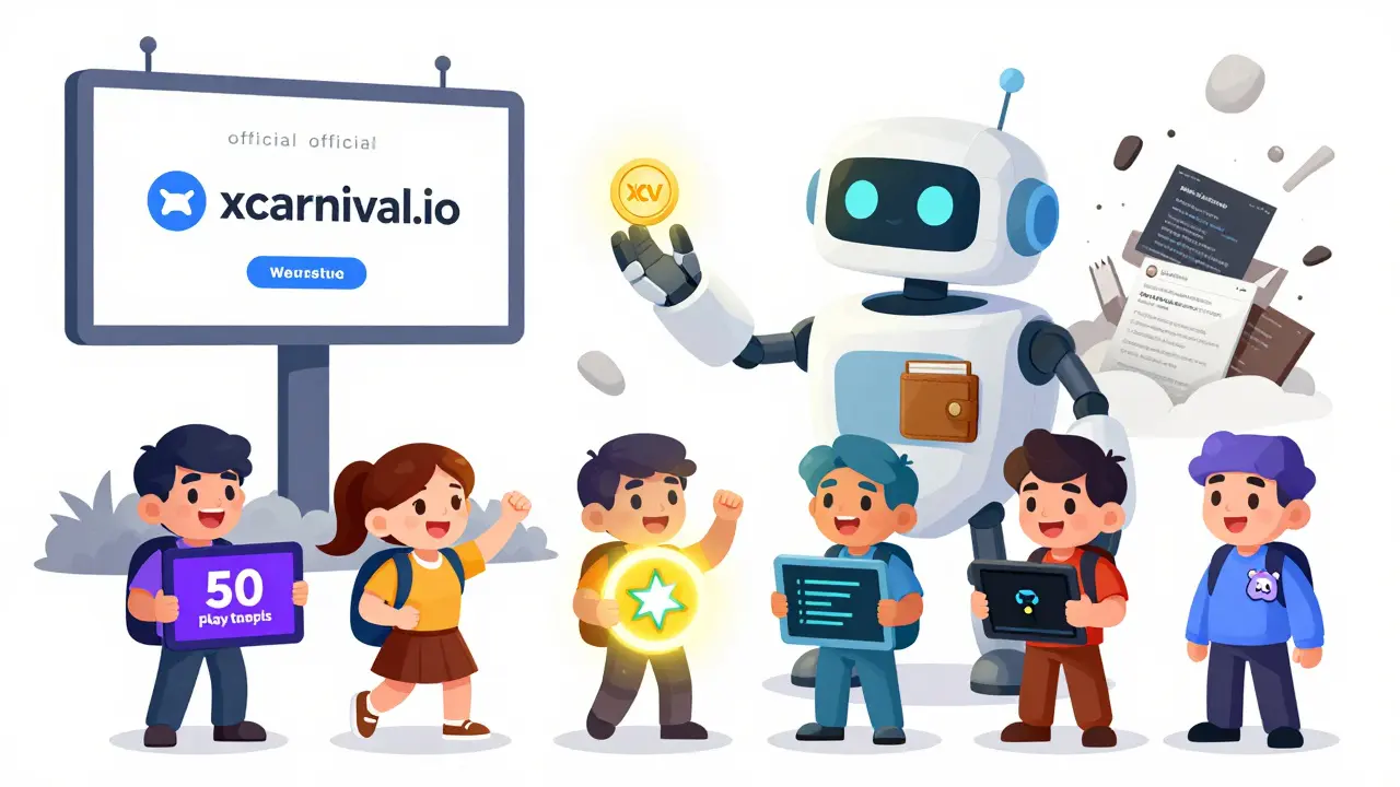 A friendly robot distributes XCV tokens to qualified users, while official website signs glow and fake scam sites crumble in the background.