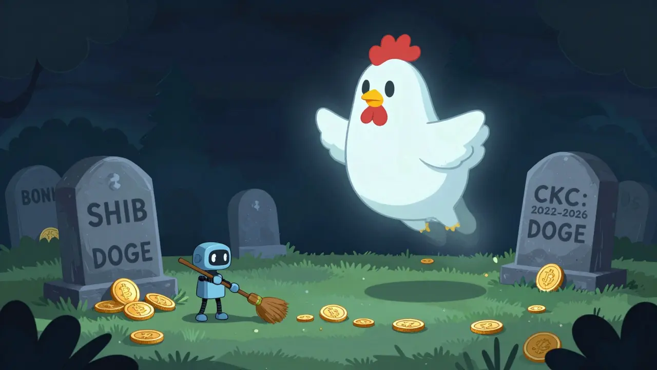 A ghostly chicken floating above a crypto token graveyard with a tombstone marked 'CKC: 2022-2026'.