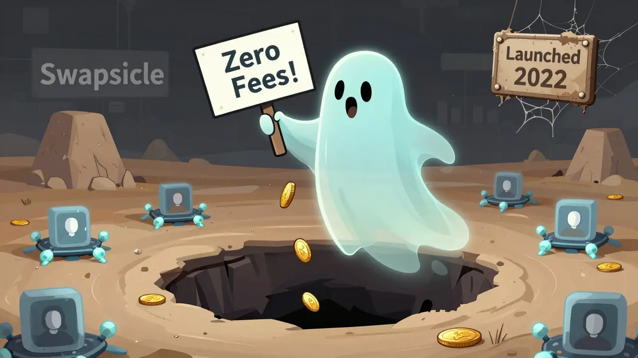 A ghostly DEX figure letting coins vanish into nothingness amid abandoned blockchain nodes and a faded launch date.