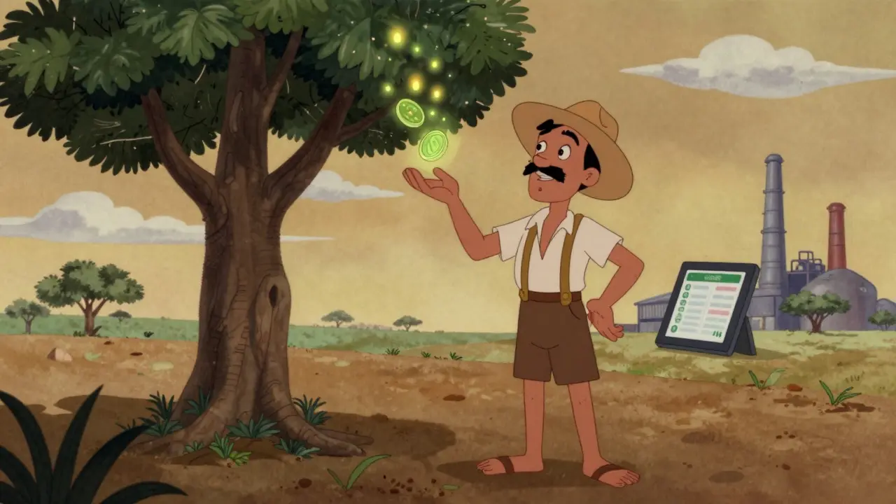 A Kenyan farmer earns carbon credits as digital tokens float from trees.