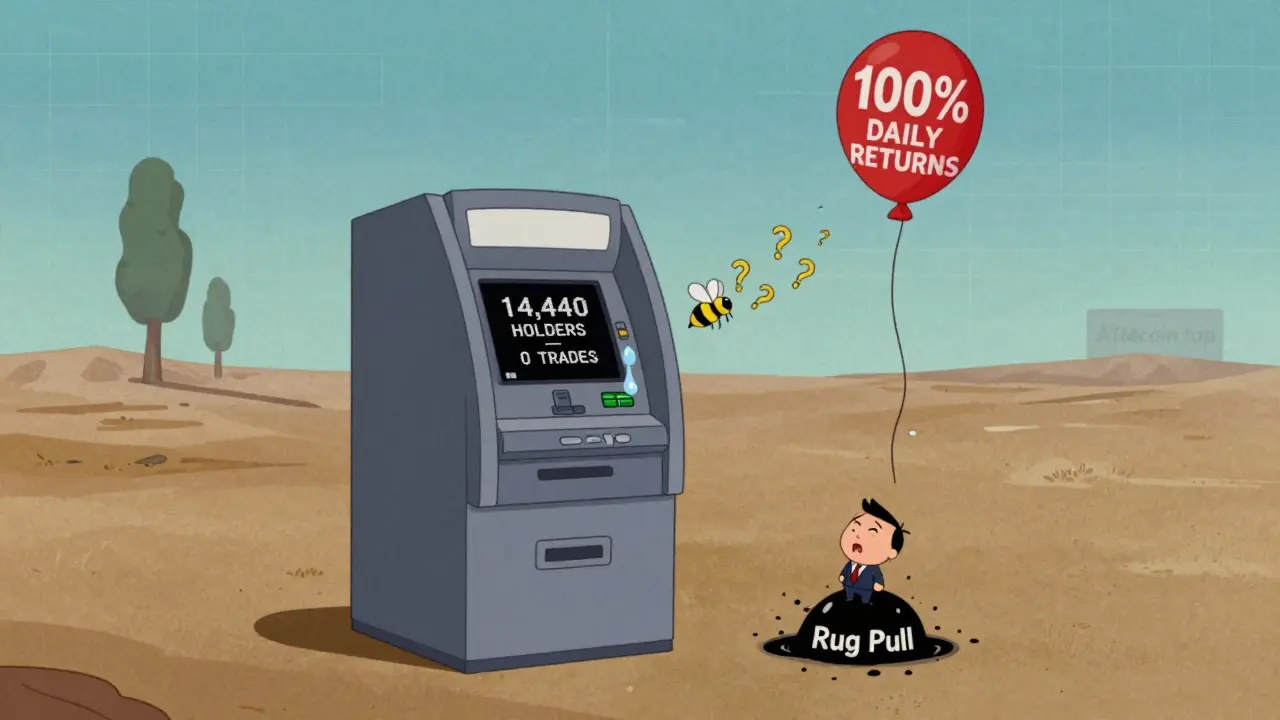 A lonely ATM in a digital wasteland with a crying screen showing zero trades, investor being swallowed by a rug pull hole.