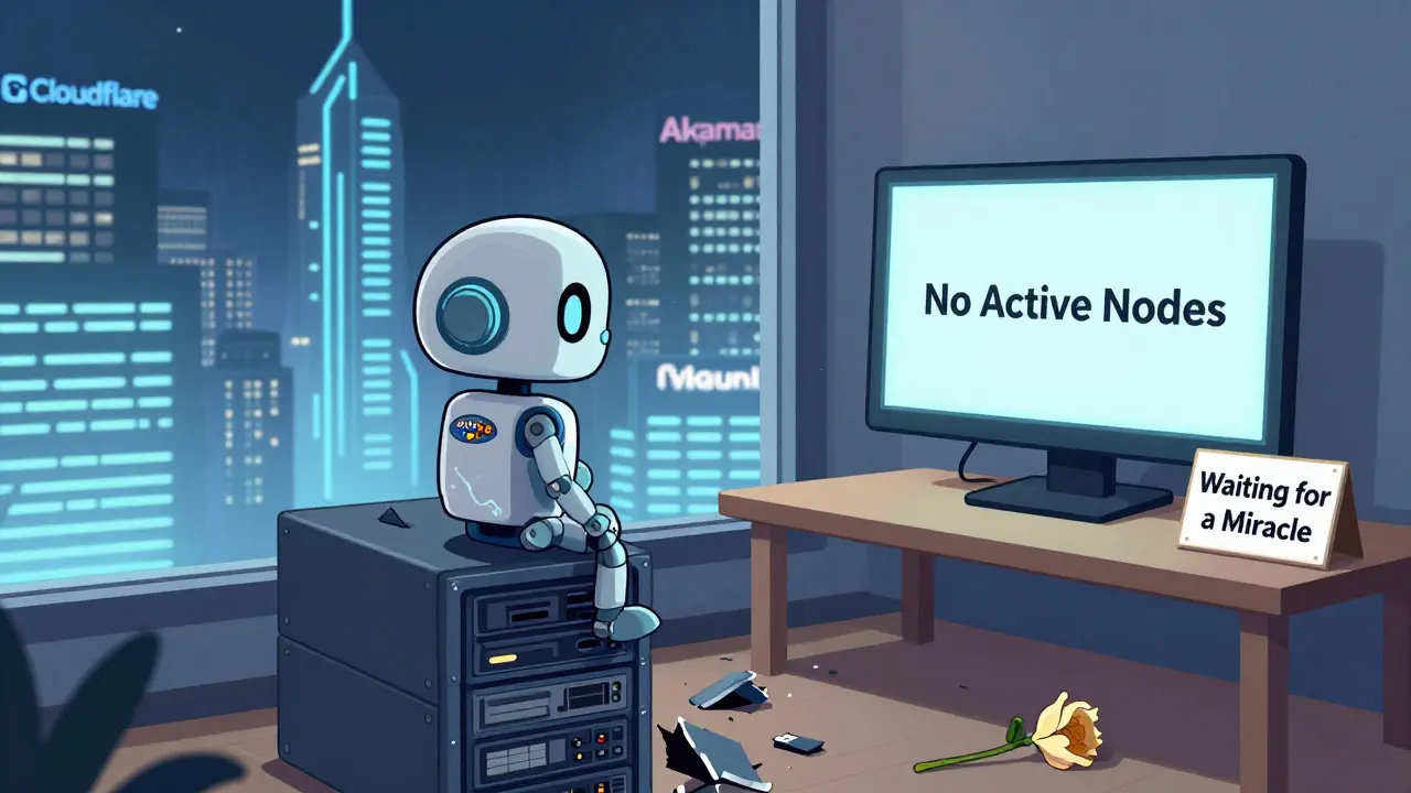 A lonely robot on broken servers stares at 'No Active Nodes' while shiny rival towers glow in the distance.