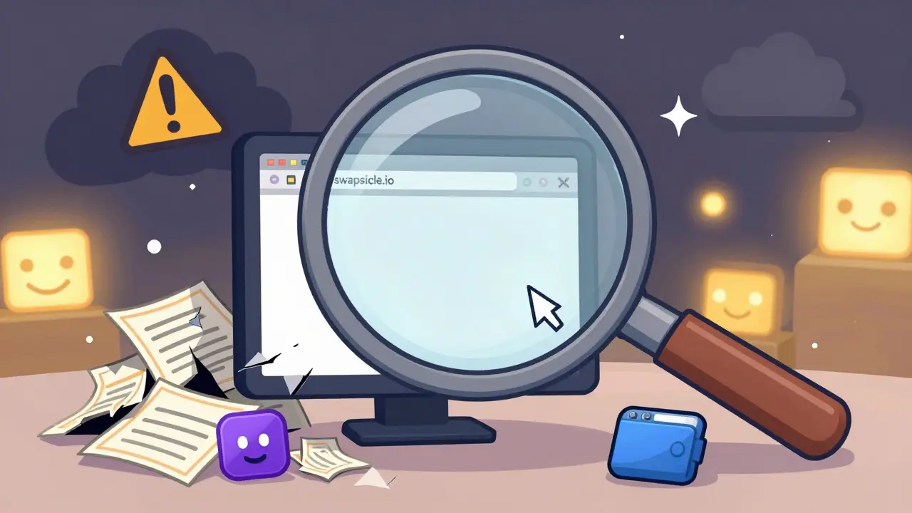 A magnifying glass revealing a blank Swapsicle website, surrounded by broken audits and unused wallets under a warning cloud.