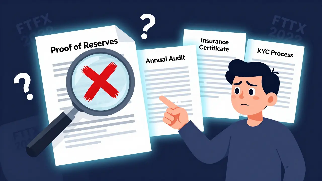 A magnifying glass reveals a blank audit document while other verified documents glow nearby.