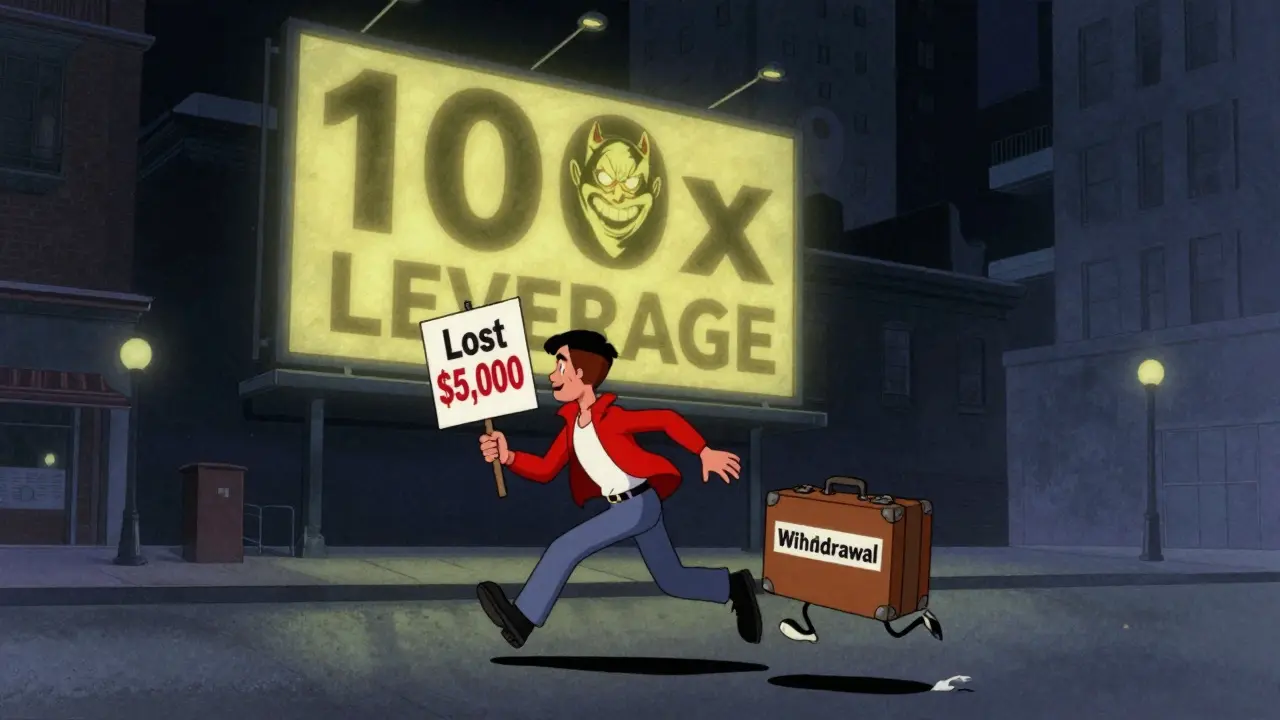A man chasing a running briefcase labeled 'Withdrawal' as a demonic 100x leverage billboard looms.