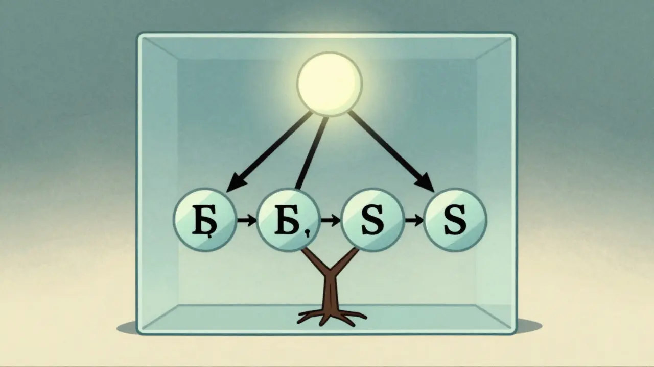 A Merkle tree inside a block header, with geometric hashes merging into a single glowing root node.